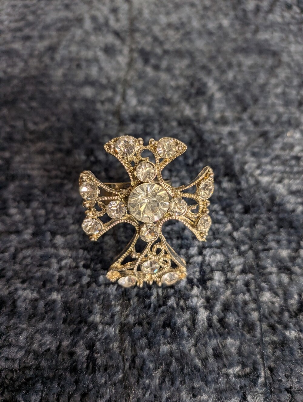 Vintage Glam Gold Rhinestone Maltese Cross Adjustable Statement Ring ✨